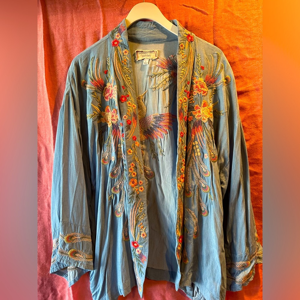 Johnny Was Blue Embroidered Crane Jacket with Pink Yellow Orange Accents - Picture 7 of 11